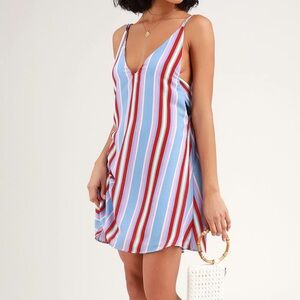 Lulu's Set Sail Light Blue Multi Striped Tie-Back Mini Dress